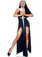 Nun, costume dress, high slit, deep neckline, cross, built-in garter belt strap